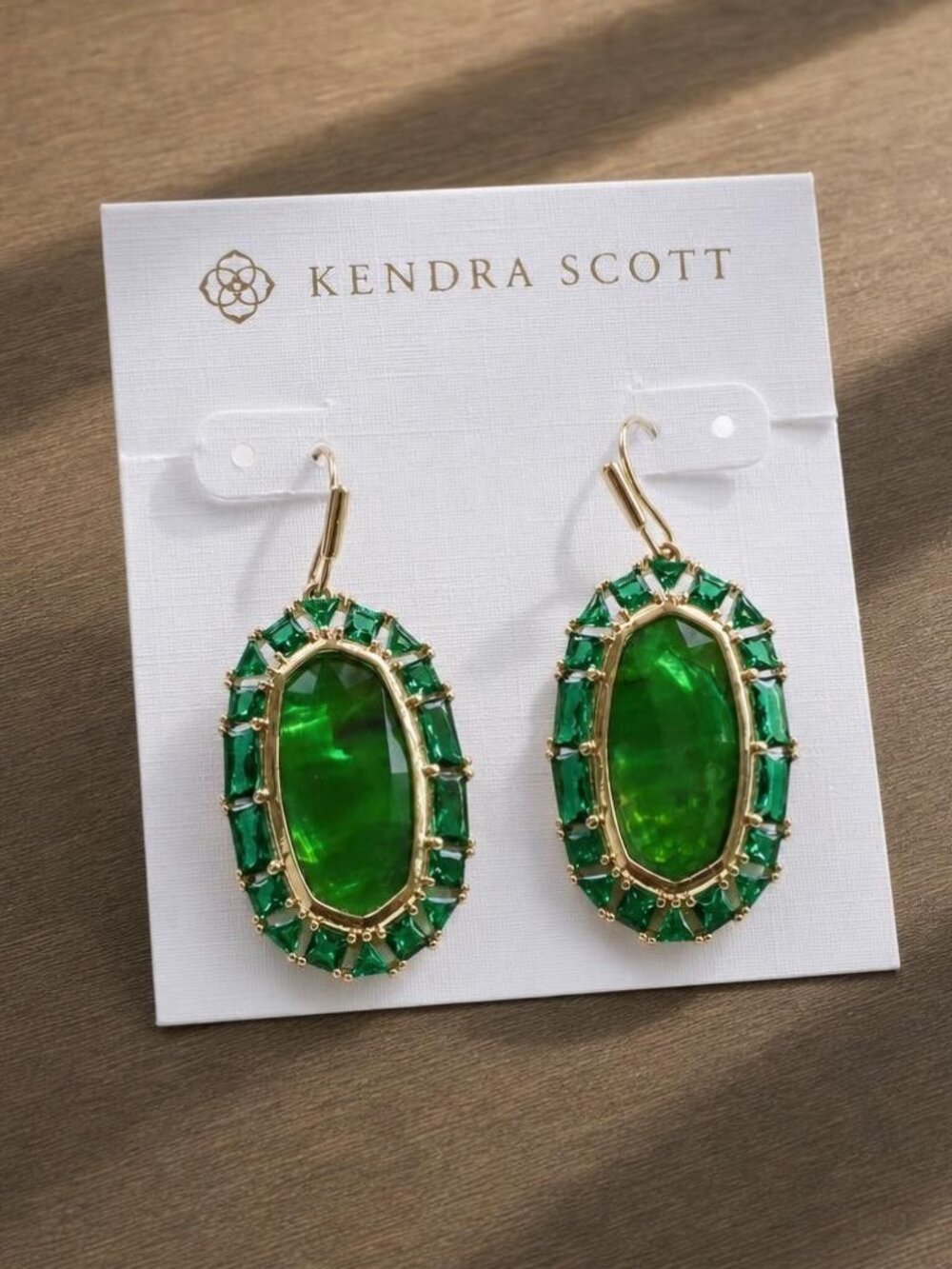 Kendra Scott Elle Gold Kelly Green Crystal Frame Drop Earrings